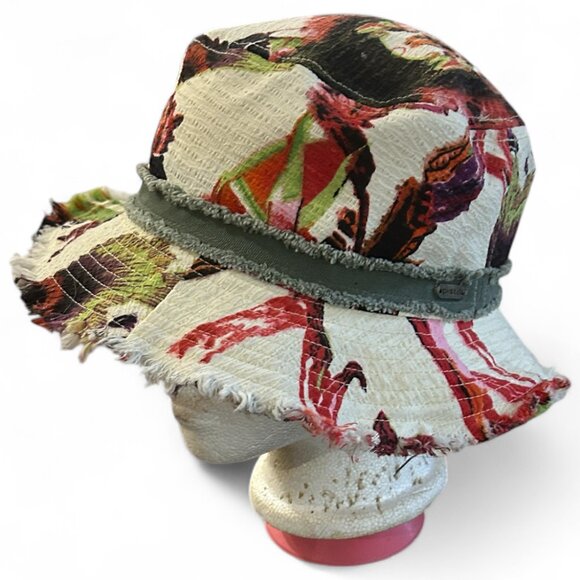 Floral Pistil Bucket Hat Cream Red Pink Flowers Khaki Band Boho Resort Wear - Picture 1 of 9